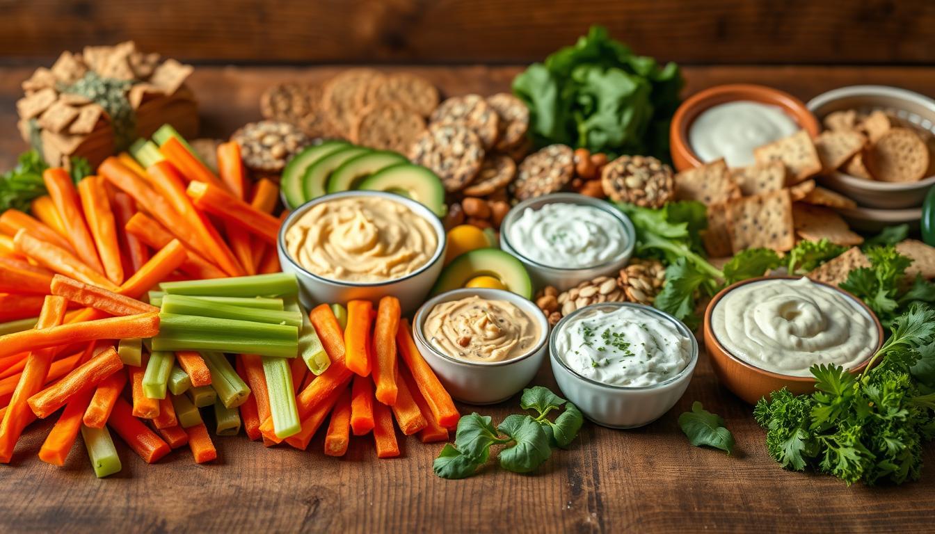A bountiful assortment of low-carb snacks arranged on a rustic wooden table, illuminated by soft, natural lighting. In the foreground, a vibrant display of crunchy vegetables like carrot sticks, celery, and bell pepper slices, artfully presented. In the middle ground, a mix of creamy, protein-rich dips and spreads, such as hummus, avocado, and Greek yogurt-based dips. The background features an array of nutty, seed-based crackers and crisp, leafy greens, creating a balanced and visually appealing scene. The overall composition is enhanced by a swirling, vibrant color palette, evoking a sense of freshness and health.
