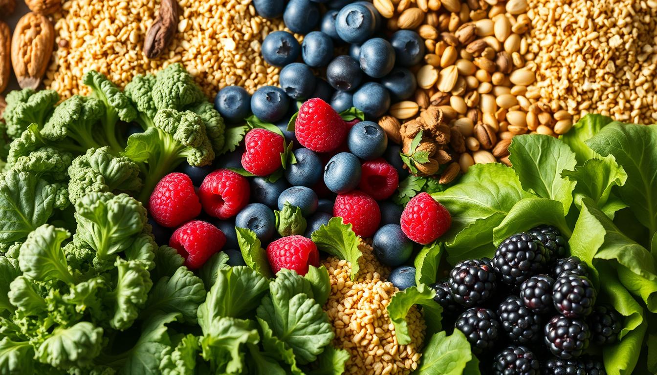 A bountiful assortment of nutrient-dense superfoods arrayed in a vibrant still life. In the foreground, a lush array of fresh kale, spinach, and broccoli florets, their verdant hues illuminated by soft, natural lighting. In the middle ground, a scattering of vibrant berries - juicy blueberries, ruby-red raspberries, and plump blackberries - nestled among the greenery. The background features a selection of hearty grains, like quinoa and bulgur, and an array of nuts and seeds, all bathed in a warm, golden glow. The overall composition evokes a sense of abundance, vitality, and the promise of nourishment. A bountiful assortment of nutrient-dense superfoods arrayed in a vibrant still life. In the foreground, a lush array of fresh kale, spinach, and broccoli florets, their verdant hues illuminated by soft, natural lighting. In the middle ground, a scattering of vibrant berries - juicy blueberries, ruby-red raspberries, and plump blackberries - nestled among the greenery. The background features a selection of hearty grains, like quinoa and bulgur, and an array of nuts and seeds, all bathed in a warm, golden glow. The overall composition evokes a sense of abundance, vitality, and the promise of nourishment.