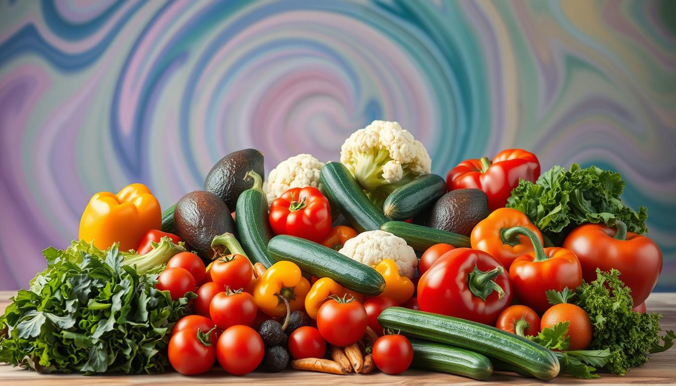 A bountiful display of low-carb produce set against a vibrant swirling backdrop. In the foreground, a variety of leafy greens, crisp cucumbers, juicy tomatoes, and crunchy bell peppers arranged with artful precision. The middle ground features an array of avocados, zucchini, and cauliflower florets, their colors and textures complementing each other. In the background, a kaleidoscope of swirling hues creates a dynamic, almost ethereal atmosphere, drawing the eye to the fresh, nutrient-dense selection. Soft, diffused lighting accentuates the produce's natural vibrancy, inviting the viewer to imagine the endless possibilities for low-carb culinary creations.