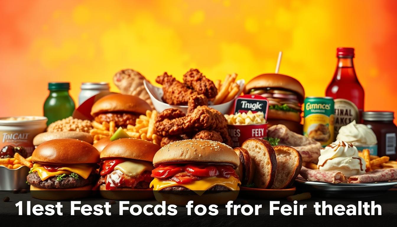 A bountiful display of unhealthy food items, prominently featured against a vibrant, eye-catching backdrop. In the foreground, a selection of greasy burgers, fried chicken, and creamy desserts take center stage, their indulgent nature accentuated by dramatic lighting and angles. The middle ground features a scatter of salty snacks, sugary beverages, and processed meats, all contributing to the overall sense of dietary excess. In the background, a hazy, slightly muted palette suggests the ominous consequences of such unhealthy choices, creating a stark contrast with the alluring nature of the foreground. The overall composition conveys a cautionary tale, highlighting the worst foods for heart health with a visually striking and impactful presentation.
