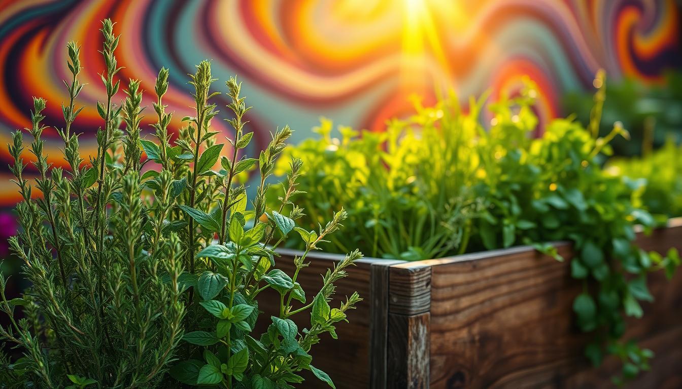 A bountiful herb garden flourishes against a backdrop of vibrant, swirling colors. In the foreground, lush green sprigs of rosemary, thyme, and basil stand tall, their delicate leaves gently rustling in the soft breeze. The middle ground features a wooden planter box overflowing with fragrant oregano, chives, and parsley, their hues complementing the warm tones of the surrounding garden. In the distance, a ray of golden sunlight illuminates the scene, casting a cozy, inviting glow and highlighting the verdant foliage. The overall composition conveys a sense of tranquility and abundance, inspiring the viewer to step outside and incorporate these fresh, flavorful herbs into their low-carb culinary creations.