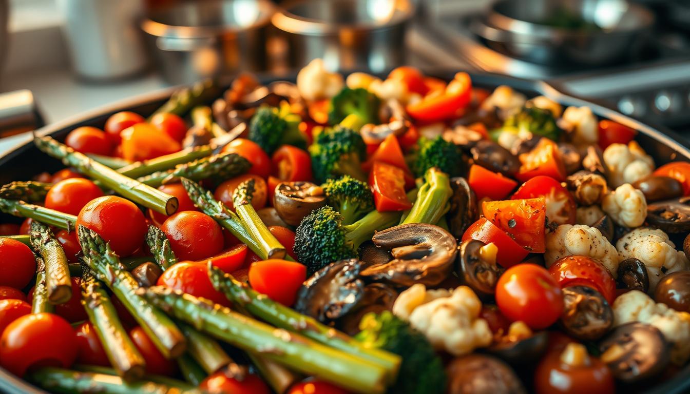 A bountiful one-pan feast of roasted vegetables, sizzling and caramelized to perfection under warm, golden lighting. In the foreground, an assortment of seasonal produce - plump cherry tomatoes, tender asparagus spears, and earthy mushrooms - arranged in a visually striking, swirling pattern. The middle ground showcases a medley of crisp broccoli florets, vibrant bell peppers, and creamy cauliflower florets, while the background features a subtly blurred, cozy kitchen scene with hints of stainless steel cookware. The overall atmosphere is one of health, abundance, and the comforting simplicity of a nourishing, vegetable-centric one-pan meal.