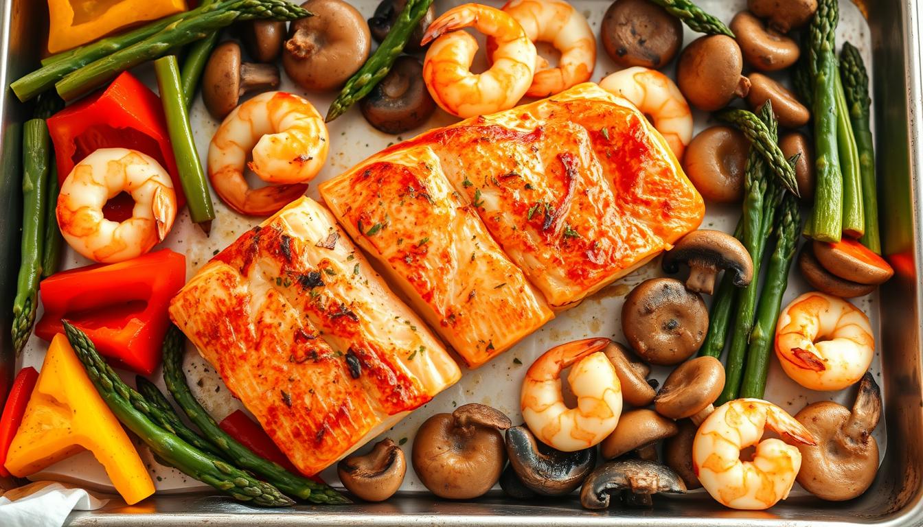 A bountiful seafood sheet pan filled with sizzling salmon, juicy shrimp, and tender scallops, accompanied by a medley of roasted vegetables - vibrant bell peppers, crisp asparagus, and earthy mushrooms. The pan is bathed in a warm, golden glow, creating a mouthwatering scene. The ingredients are arranged in a visually appealing way, with the seafood taking center stage, surrounded by the colorful vegetables. The overall composition conveys a sense of freshness, simplicity, and the effortless elegance of a one-pan meal. The image should capture the essence of a delectable, low-carb seafood feast, ready to be savored in 30 minutes or less.
