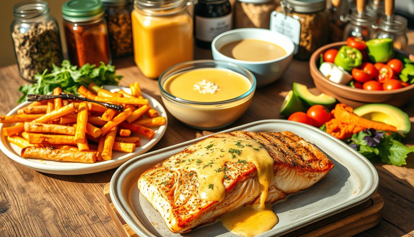 A bountiful spread of easy, low-carb dishes sits atop a rustic wooden table, bathed in warm, golden light. In the foreground, a platter of grilled salmon with a zesty lemon-dill sauce takes center stage, while crisp, roasted vegetables in vibrant hues of green, orange, and red surround it. In the middle ground, a hearty bowl of creamy cauliflower soup with a sprinkle of parmesan cheese, and a vibrant salad of leafy greens, avocado, and cherry tomatoes. In the background, jars of flavorful spices and herbs add a sense of depth and complexity to the scene, hinting at the depth of flavor in these simple, low-carb recipes. The overall mood is one of effortless sophistication, where "lazy" never means "boring."