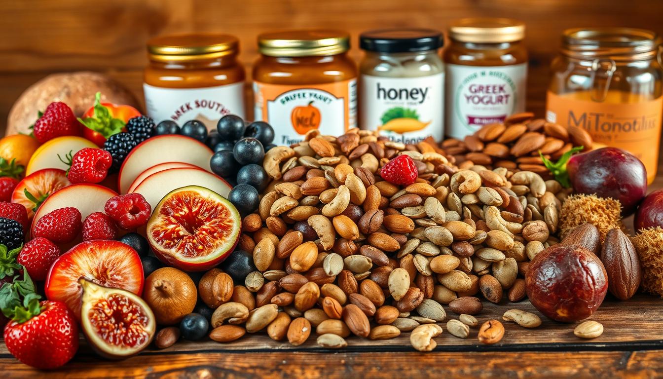 A bountiful still life arrangement of satiating, nutrient-dense snacks, captured in warm, vibrant lighting. In the foreground, an assortment of fresh fruits like juicy berries, crisp apple slices, and luscious figs, artfully arranged. In the middle ground, a mix of crunchy nuts and seeds, such as almonds, cashews, and pumpkin seeds, scattered across a rustic wooden surface. The background features jars of creamy nut butters, honey, and Greek yogurt, evoking a sense of wholesome indulgence. The composition is balanced and visually appealing, inviting the viewer to savor the nourishing delights before them.