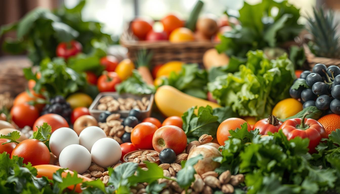 A bountiful still life of cost-effective low-carb groceries and seasonal produce, arranged in a vibrant, swirling composition. Fresh leafy greens, crisp vegetables, and plump fruits fill the foreground, their colors dancing in the soft, natural light. In the middle ground, an assortment of high-protein, low-carb ingredients like eggs, nuts, and lean meats complement the produce. The background features a blurred, atmospheric setting, hinting at the nourishing and budget-friendly nature of this seasonal spread. Captured with a shallow depth of field, the image conveys a sense of abundance, health, and mindful eating.
