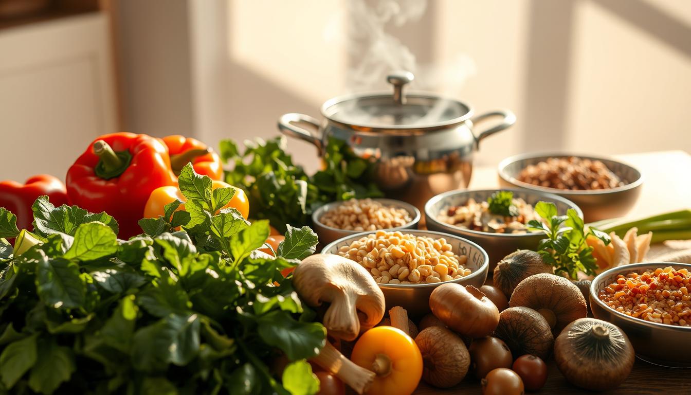 A bountiful still life of nourishing qi-rich foods, bathed in warm, natural light. In the foreground, an array of colorful vegetables - glistening leafy greens, vibrant bell peppers, and earthy mushrooms. In the middle ground, a steaming pot of fragrant herbal broth, accompanied by bowls of nourishing grains and legumes. The background features a serene, minimalist setting, accentuating the vibrant, life-giving ingredients. The overall composition exudes a sense of balance, vitality, and the holistic approach of Chinese medicine to longevity and wellness.
