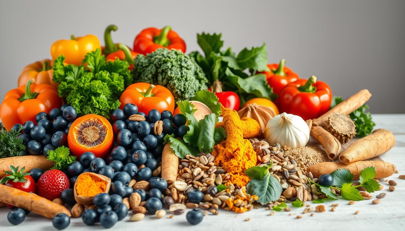 A bountiful still life showcasing an array of antioxidant-rich and anti-inflammatory functional foods, captured in a warm, vibrant lighting. In the foreground, an assortment of colorful fruits and vegetables, including blueberries, kale, bell peppers, and turmeric. In the middle ground, a scattering of nuts, seeds, and leafy greens, conveying the diversity of these nutrient-dense ingredients. The background features a minimal, clean-lined setting, allowing the produce to take center stage. The image exudes a sense of vitality and purpose, reflecting the potent health benefits of these functional foods in disease prevention. A bountiful still life showcasing an array of antioxidant-rich and anti-inflammatory functional foods, captured in a warm, vibrant lighting. In the foreground, an assortment of colorful fruits and vegetables, including blueberries, kale, bell peppers, and turmeric. In the middle ground, a scattering of nuts, seeds, and leafy greens, conveying the diversity of these nutrient-dense ingredients. The background features a minimal, clean-lined setting, allowing the produce to take center stage. The image exudes a sense of vitality and purpose, reflecting the potent health benefits of these functional foods in disease prevention.