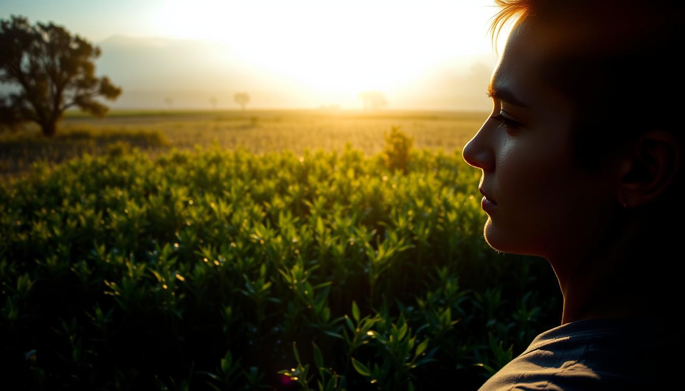 A breathtaking aerial view of a serene meadow at dawn, bathed in a soft, vibrant blue light. In the foreground, a person silhouetted against the glowing sky, their features illuminated by the gentle rays, symbolizing the sleep quality improvements from their morning walk. The middle ground showcases lush, verdant foliage, dew-kissed and glistening, while the background fades into a hazy, atmospheric horizon, creating a sense of tranquility and rejuvenation. The lighting is natural, dynamic, and evocative, capturing the essence of the "blue light exposure compensation techniques" that enhance the transformative power of the dawn walk.