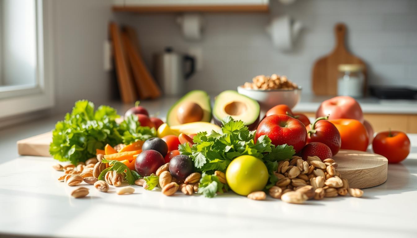 A bright, airy kitchen countertop showcases a variety of nutrient-dense snack ingredients. In the foreground, an assortment of fresh fruits, vegetables, and nuts are neatly arranged, their vibrant colors and textures inviting. Behind them, a cutting board with a freshly sliced avocado and a bowl of yogurt with granola stand ready for assembly. Soft, natural lighting filters in from the side, casting a warm, inviting glow over the scene. The overall atmosphere is one of mindful, intentional preparation - a strategic and vibrant display of wholesome snacking options.