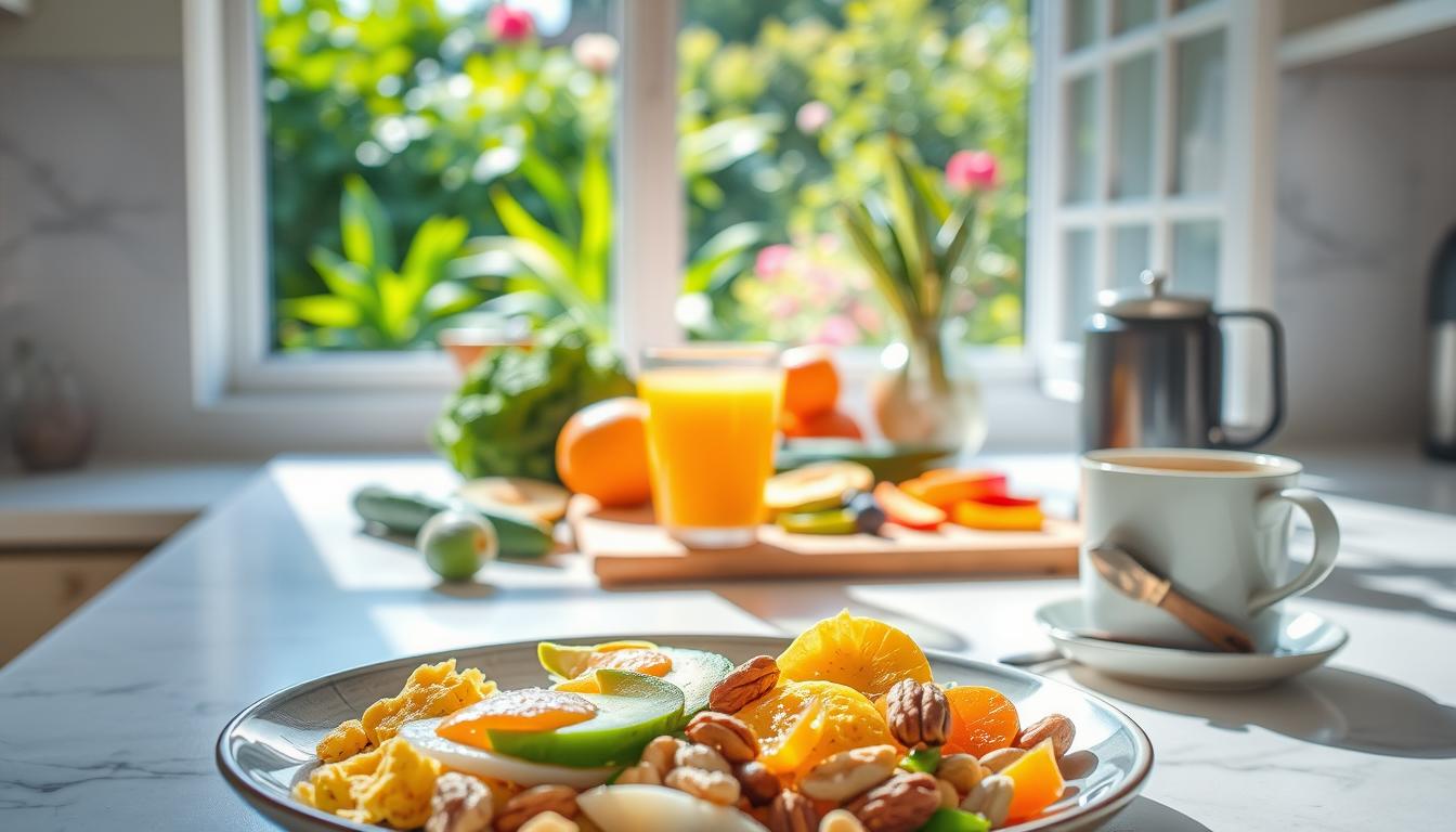 A bright, airy kitchen scene with a sunlit countertop displaying an assortment of healthy breakfast ingredients. In the foreground, a plate of colorful, protein-rich foods like scrambled eggs, avocado slices, and a handful of nuts. Nearby, a glass of freshly squeezed orange juice and a steaming mug of herbal tea. The middle ground features a cutting board with sliced fruits and vegetables, conveying the idea of a nutritious, balanced meal. In the background, a window overlooking a lush, vibrant garden, creating a serene, nature-inspired atmosphere. The overall mood is one of vitality, nourishment, and the satisfaction of a healthy start to the day.