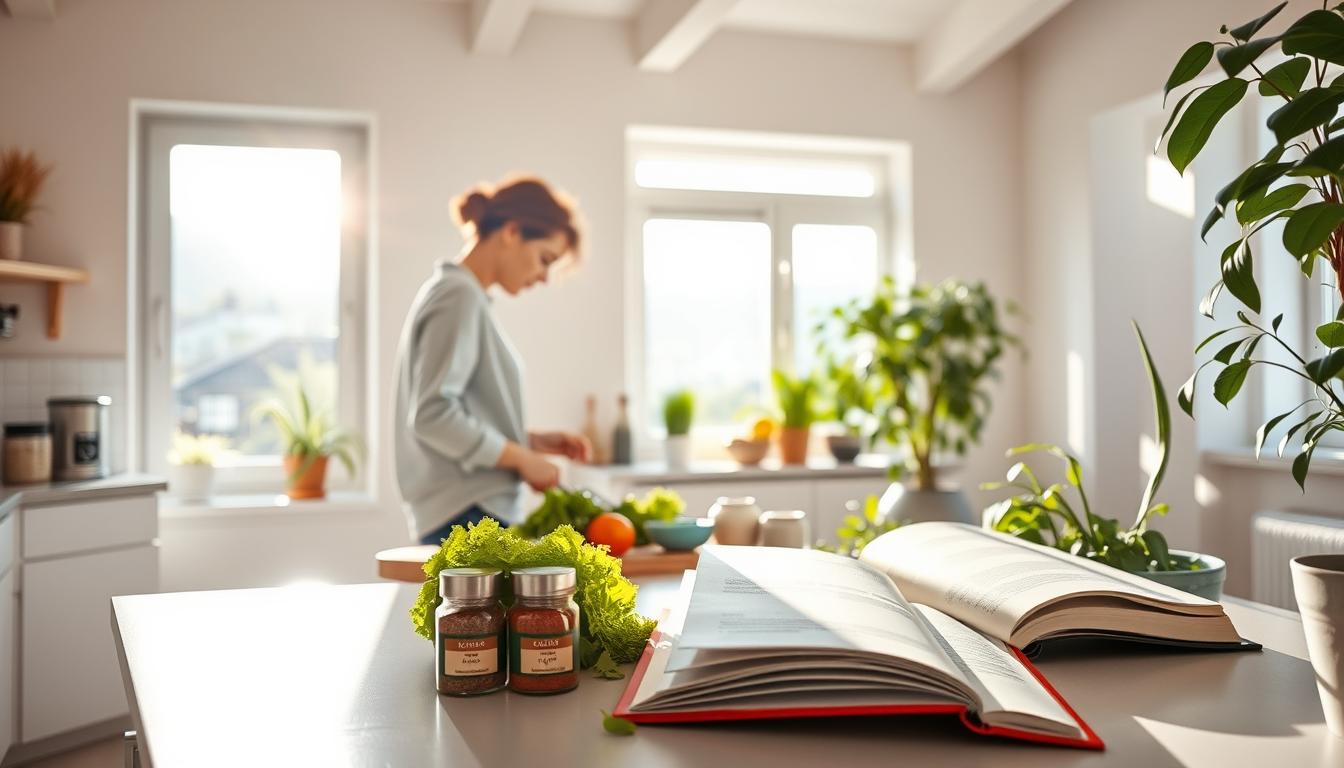 A bright, airy kitchen with an open floor plan. In the foreground, a person stands at a countertop, chopping fresh vegetables with focused attention. Sunlight streams in through large windows, casting a warm glow over the scene. The middle ground features a set of neatly organized spice jars, a blender, and a cookbook propped open on the counter, hinting at the person's healthy cooking habits. In the background, lush greenery from a small indoor garden frames the space, symbolizing the role of environment in nurturing a vibrant, balanced diet. The overall atmosphere is one of mindfulness, productivity, and a vibrant approach to healthy eating.