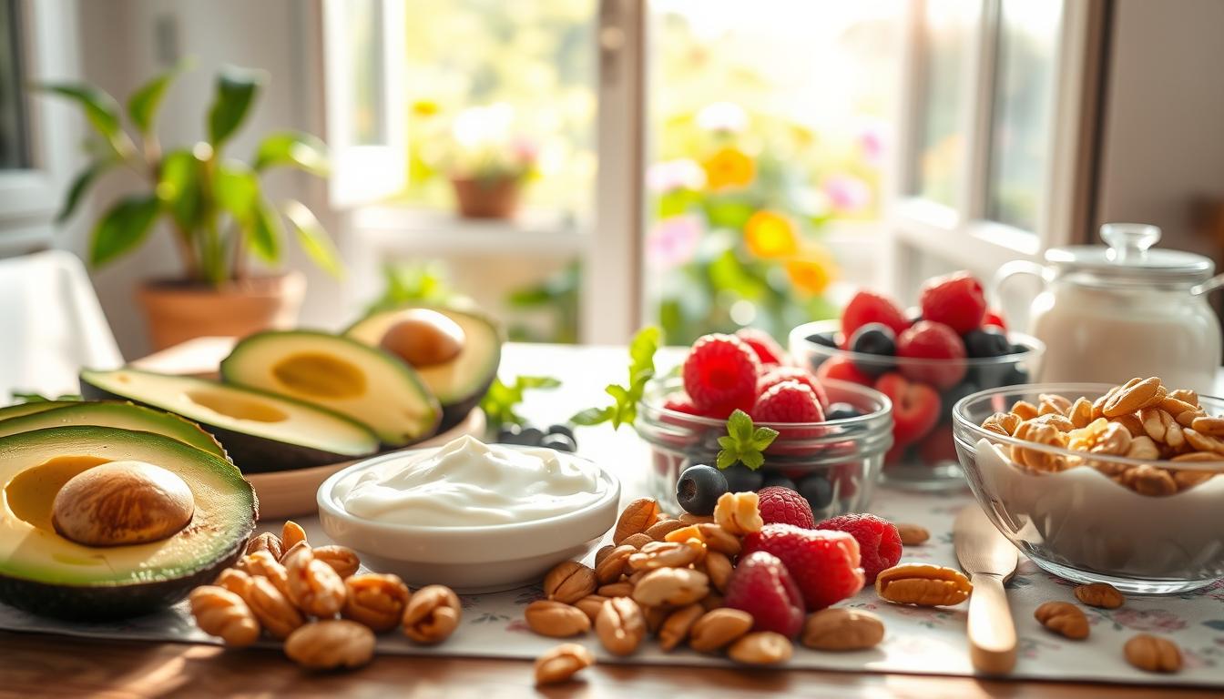 A bright, appetizing breakfast scene. In the foreground, an assortment of fresh, whole foods: crisp slices of avocado, juicy berries, crunchy nuts, and creamy Greek yogurt. The middle ground features a rustic wooden table with a delicate floral tablecloth, casting a warm, natural glow. In the background, a window opens to a lush, vibrant garden, bathed in soft morning light. The overall mood is one of balance, nourishment, and mindful enjoyment. Lighting is diffused and airy, with a shallow depth of field to focus the viewer's attention. The image conveys a sense of wholesome, macro-balanced sustenance to start the day.