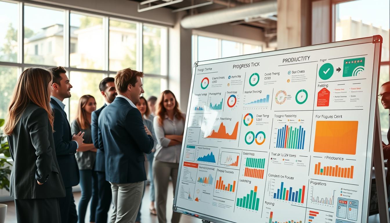 A bright, modern office space with a large whiteboard taking up the foreground. The whiteboard is filled with colorful charts, graphs, and progress tracking tools, showcasing different strategies for monitoring and visualizing productivity. In the middle ground, a group of professionals gathered around the whiteboard, engaged in an animated discussion, their expressions reflecting a sense of purpose and collaboration. The background features large windows, allowing natural light to flood the room and create a warm, energetic atmosphere. The overall scene conveys a vibrant, tech-savvy environment where progress tracking is an integral part of the workflow. A bright, modern office space with a large whiteboard taking up the foreground. The whiteboard is filled with colorful charts, graphs, and progress tracking tools, showcasing different strategies for monitoring and visualizing productivity. In the middle ground, a group of professionals gathered around the whiteboard, engaged in an animated discussion, their expressions reflecting a sense of purpose and collaboration. The background features large windows, allowing natural light to flood the room and create a warm, energetic atmosphere. The overall scene conveys a vibrant, tech-savvy environment where progress tracking is an integral part of the workflow.