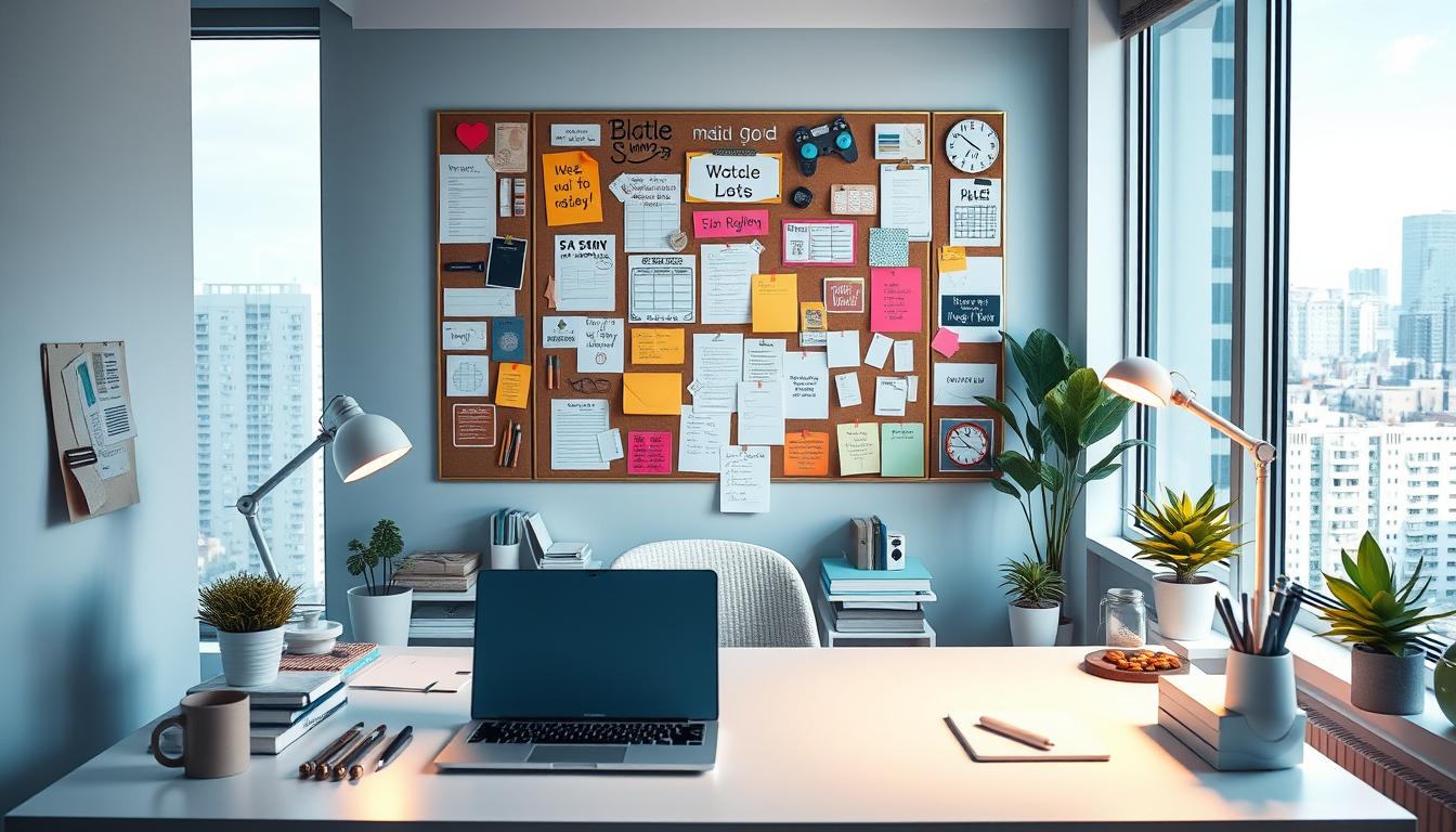 A bright, organized workspace with an array of productivity-boosting elements. In the foreground, neatly arranged office supplies and a clean, minimalist desk setup with a laptop, plant, and sleek desk lamp casting a warm glow. The middle ground features a vibrant, inspirational mood board adorned with motivational notes, to-do lists, and task-tracking tools. The background showcases a large window letting in natural light, revealing an urban cityscape bustling with activity. The overall atmosphere is one of focused efficiency and streamlined organization, encouraging a productive mindset.