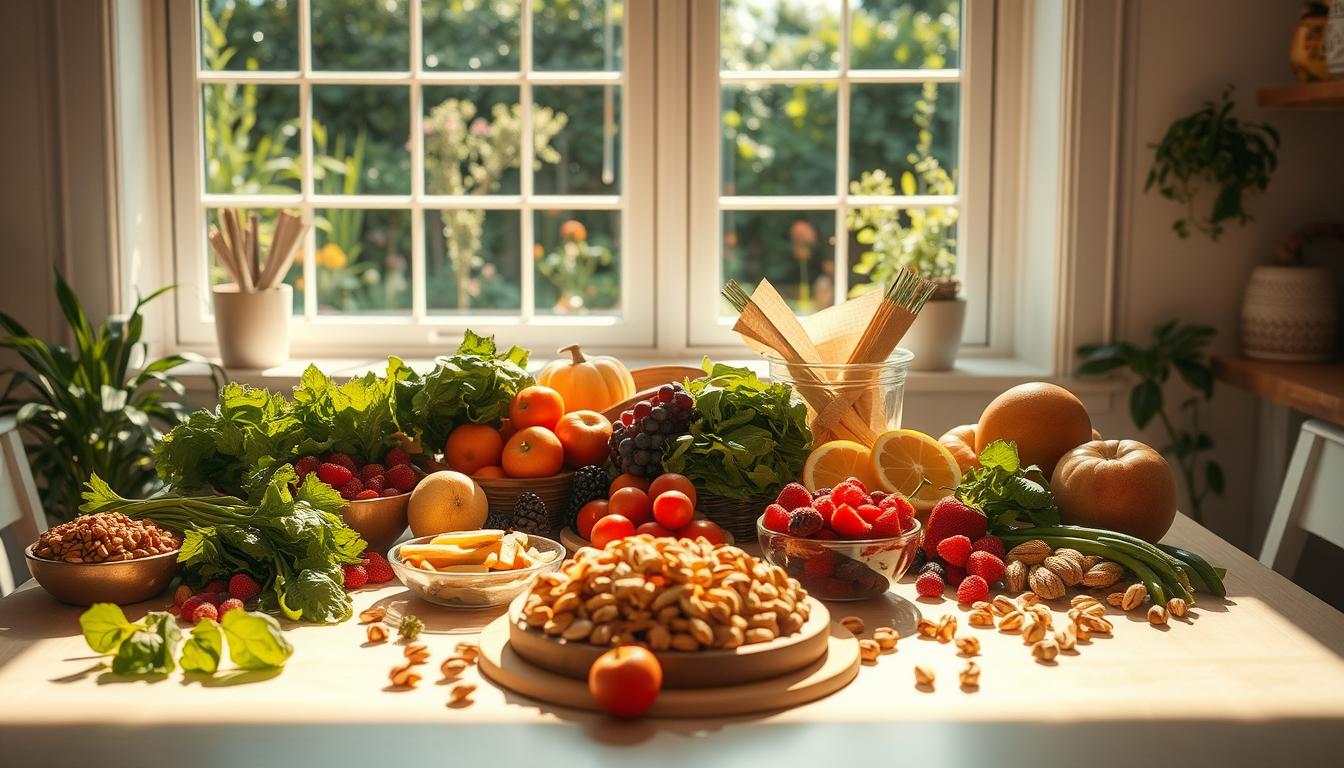 A bright, sun-drenched kitchen table set with a vibrant array of fresh fruits, vegetables, and healthy snacks. Crisp greens, juicy berries, and crunchy nuts arrange in a visually appealing display. Warm, soft lighting casts a cozy glow, casting dynamic shadows and highlights that accentuate the textures and colors. The scene exudes an atmosphere of nourishment, balance, and mindful wellness. In the background, a large window overlooks a lush, verdant garden, further emphasizing the connection to nature and a healthy lifestyle. The overall composition evokes a sense of calm, wholesome contentment - the perfect environment to cultivate positive eating habits.