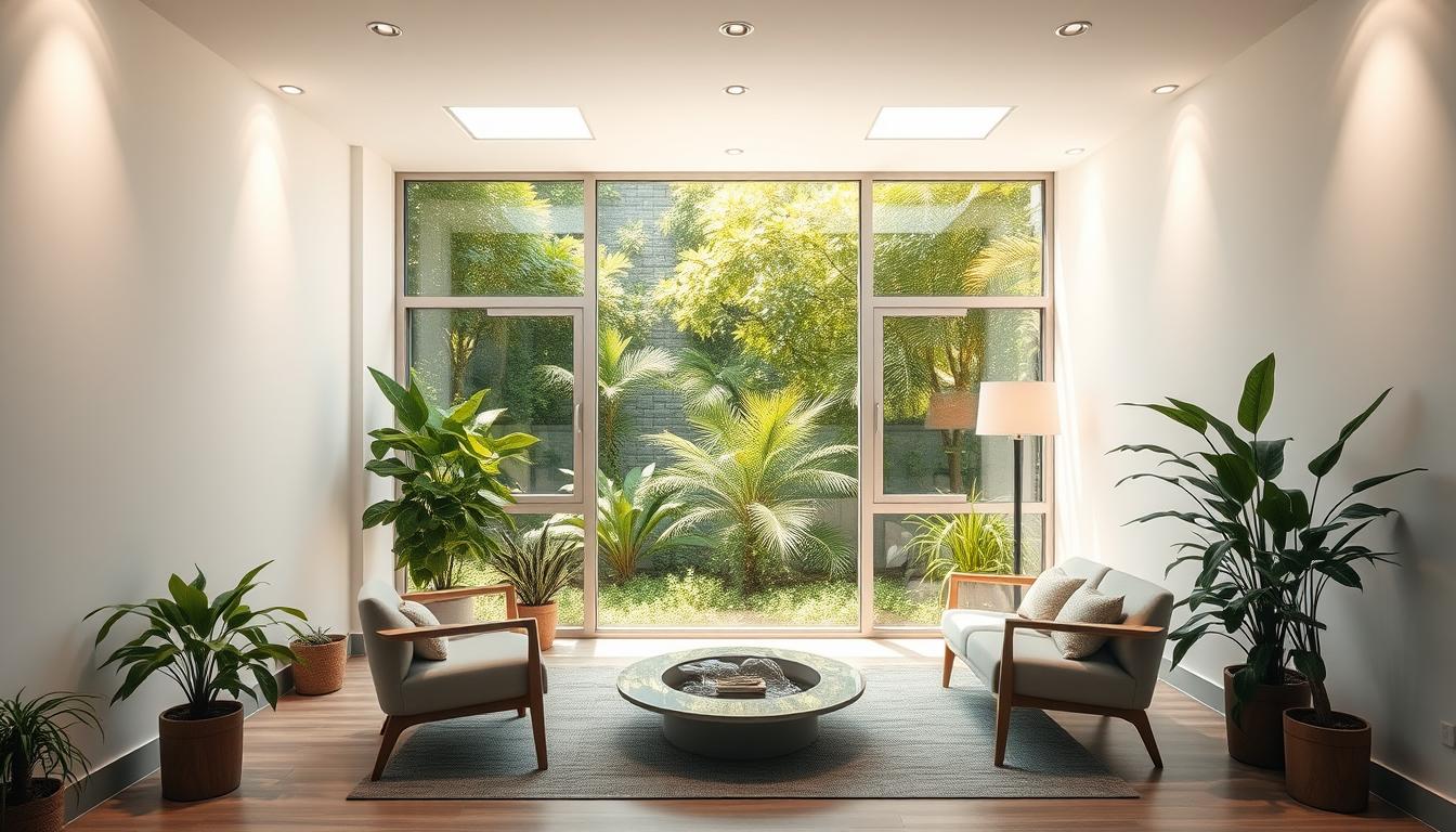 A bright, well-lit room with a comfortable seating area and a large window overlooking a lush, verdant garden. The space is designed with subtle behavioral cues to encourage mindfulness and focus. Soft, diffused lighting emanates from recessed fixtures, creating a warm, inviting ambiance. The furniture is ergonomically designed, promoting good posture and attentiveness. Strategically placed plants and natural elements, such as a small water feature, help to reduce stress and promote a sense of calm. The overall atmosphere is serene and conducive to deep contemplation and self-reflection, gently guiding the mind towards positive behavioral changes. A bright, well-lit room with a comfortable seating area and a large window overlooking a lush, verdant garden. The space is designed with subtle behavioral cues to encourage mindfulness and focus. Soft, diffused lighting emanates from recessed fixtures, creating a warm, inviting ambiance. The furniture is ergonomically designed, promoting good posture and attentiveness. Strategically placed plants and natural elements, such as a small water feature, help to reduce stress and promote a sense of calm. The overall atmosphere is serene and conducive to deep contemplation and self-reflection, gently guiding the mind towards positive behavioral changes.