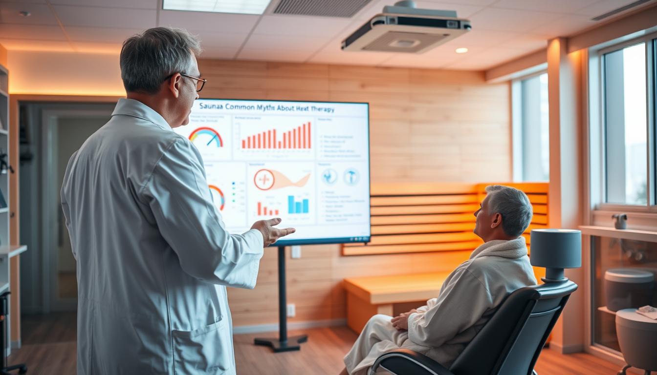A brightly lit, clean and modern medical clinic interior. In the foreground, a doctor in a white coat stands facing the camera, gesturing towards a presentation screen displaying various medical graphs and charts debunking common myths about heat therapy. The middle ground features a patient in a robe sitting comfortably in an ergonomic chair, listening intently. The background showcases state-of-the-art sauna equipment and wellness facilities, conveying an atmosphere of authoritative expertise and evidence-based practices. Warm, vibrant lighting illuminates the scene, creating a sense of trust and professionalism.