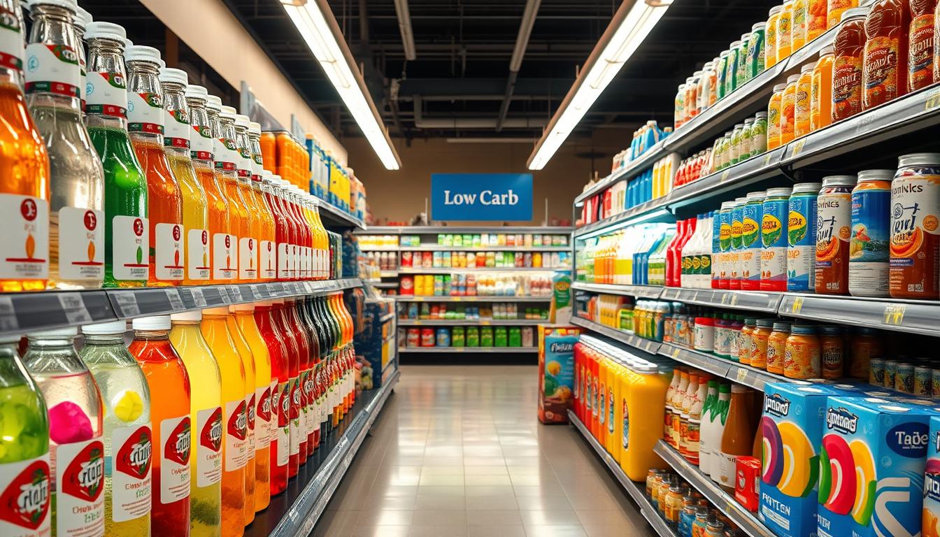 A brightly lit grocery store aisle, brimming with a diverse array of low-carb beverage options. Sleek glass bottles and cans line the shelves, their contents shimmering with vibrant swirling colors. Crisp, clean lighting illuminates the scene, casting a warm, inviting glow. In the foreground, a selection of refreshing zero-sugar sodas, sparkling waters, and unsweetened iced teas beckon. The middle ground features an array of low-carb protein drinks and vitamin-infused waters, while the background showcases an assortment of low-carb juices and dairy-free milk alternatives. The overall atmosphere is one of health, wellness, and a diverse range of flavorful, guilt-free hydration choices.