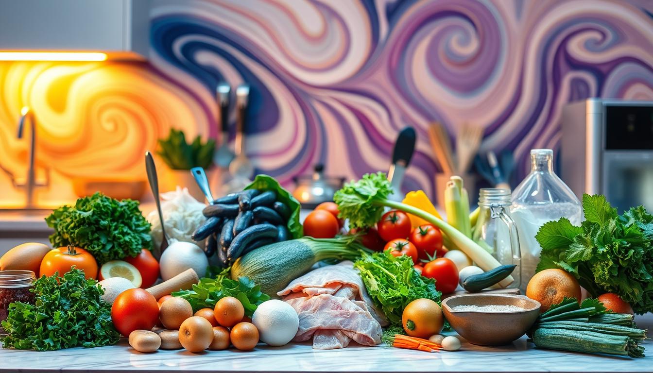 A brightly lit kitchen counter filled with a variety of low-carb meal ingredients. In the foreground, an assortment of fresh vegetables, lean proteins, and healthy fats, meticulously arranged in a visually appealing manner. The middle ground showcases simple cooking tools and appliances, suggesting quick and efficient meal preparation. The background features a warm, inviting atmosphere with vibrant swirling colors, creating a sense of culinary creativity and inspiration. The overall scene conveys the idea of affordable, time-saving, and nutritious low-carb meal options.