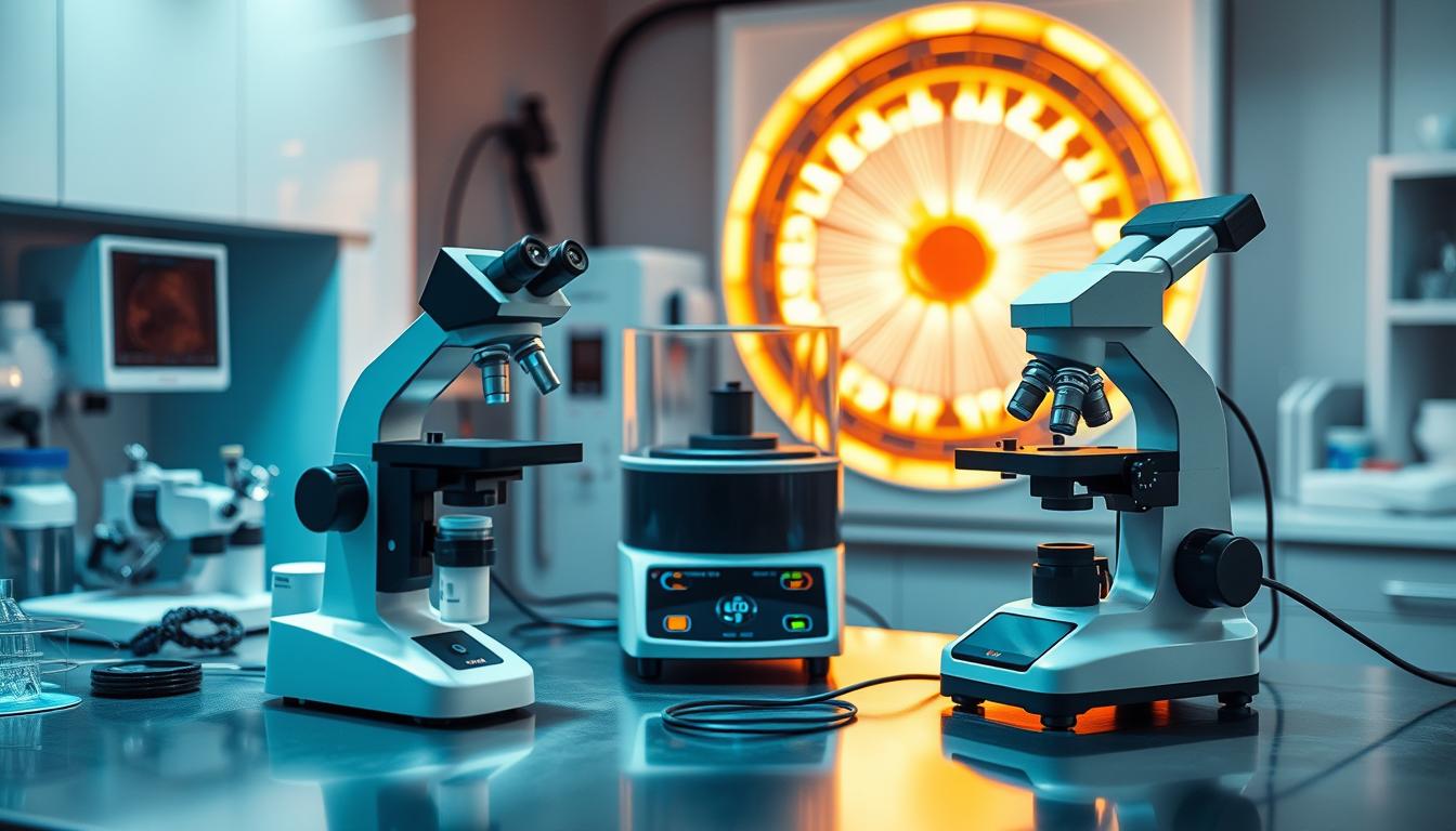 A brightly lit laboratory setting, with various diagnostic instruments and tools neatly arranged on clean, steel surfaces. In the foreground, a high-resolution digital microscope captures intricate cellular structures, while in the middle ground, a centrifuge spins samples for analysis. The background features state-of-the-art imaging equipment, casting a warm, vibrant glow over the scene. The overall atmosphere conveys a sense of precision, efficiency, and the cutting edge of personalized healthcare.
