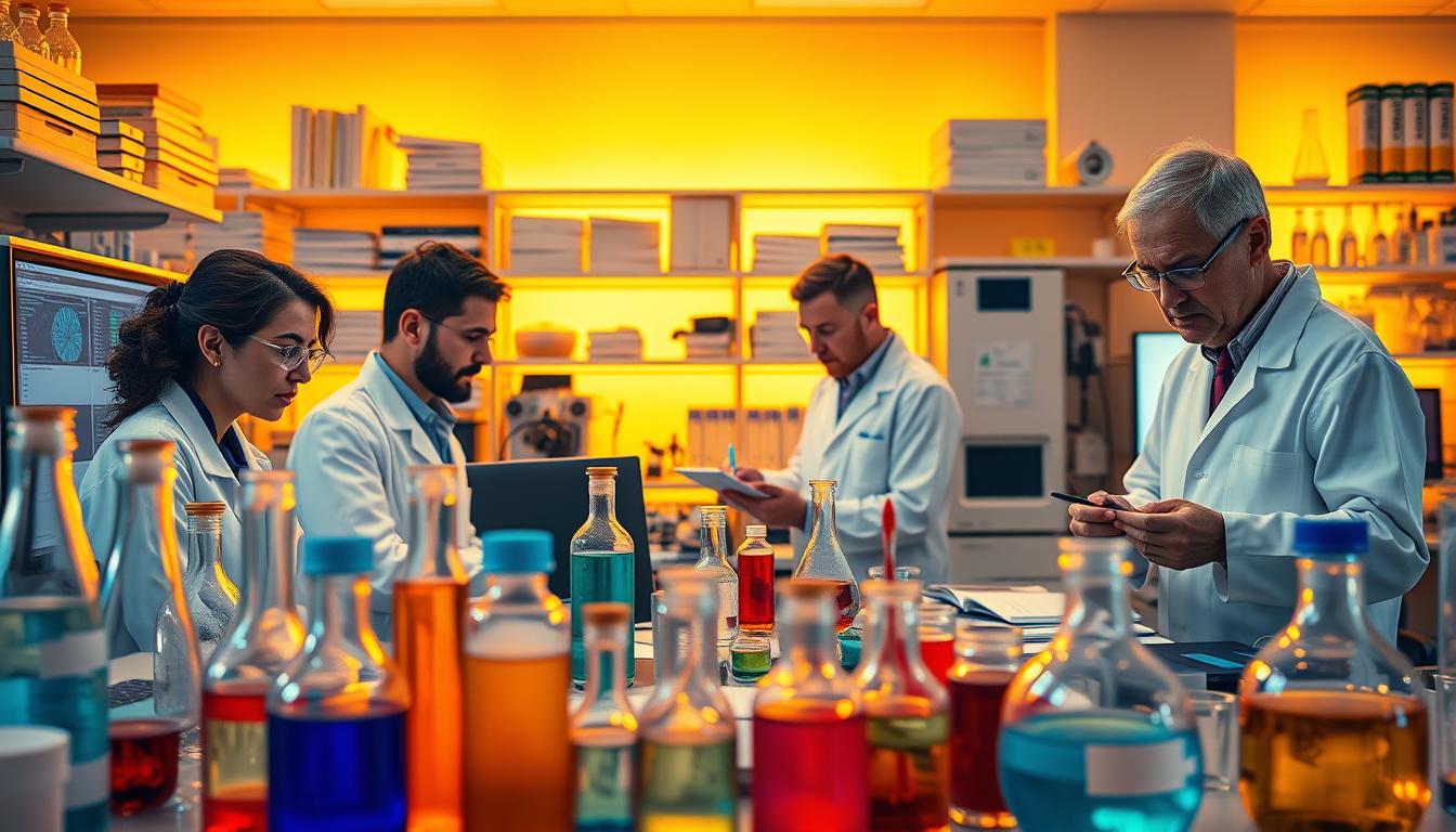 A brightly lit laboratory workspace with various scientific equipment and glassware. In the foreground, an array of colorful vials and beakers filled with liquids and powders, hinting at the complex compounds and formulations being studied. Across the middle ground, a team of lab-coated researchers intently studying data on computer screens and scribbling notes, their expressions focused and determined. In the background, shelves lined with reference books, technical instruments, and high-tech monitoring devices, conveying the advanced nature of the longevity pharmaceuticals research. Warm, vibrant lighting casts a sense of scientific progress and discovery. A brightly lit laboratory workspace with various scientific equipment and glassware. In the foreground, an array of colorful vials and beakers filled with liquids and powders, hinting at the complex compounds and formulations being studied. Across the middle ground, a team of lab-coated researchers intently studying data on computer screens and scribbling notes, their expressions focused and determined. In the background, shelves lined with reference books, technical instruments, and high-tech monitoring devices, conveying the advanced nature of the longevity pharmaceuticals research. Warm, vibrant lighting casts a sense of scientific progress and discovery.