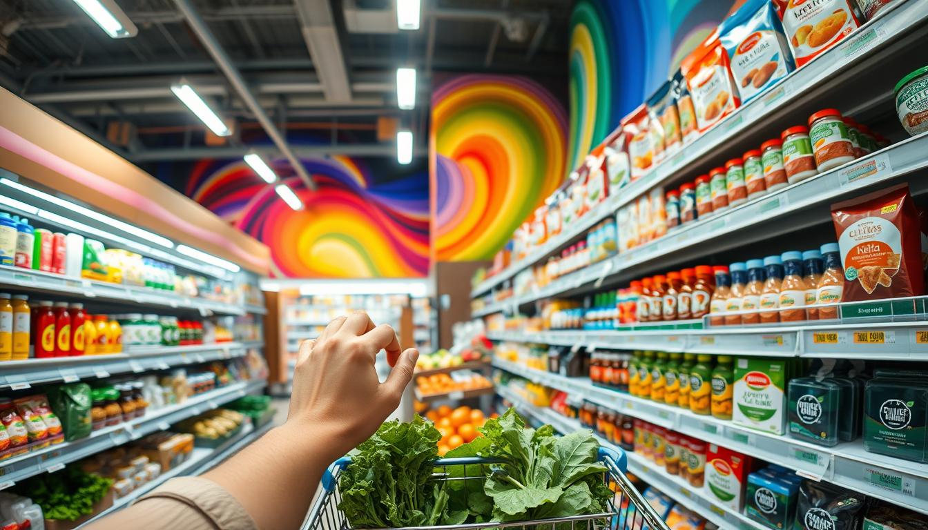 A brightly lit, modern grocery store aisle filled with a variety of low-carb food options. In the foreground, a shopper's hands carefully inspect labels and select items like leafy greens, fresh produce, and high-protein snacks. The middle ground showcases neatly stocked shelves of keto-friendly condiments, nut-based flours, and sugar-free alternatives. In the background, a colorful display of vibrant, swirling hues reflects the health-conscious nature of the scene. Crisp, clean lighting and a slight fisheye lens effect create an engaging, immersive perspective that draws the viewer into the low-carb grocery shopping experience.