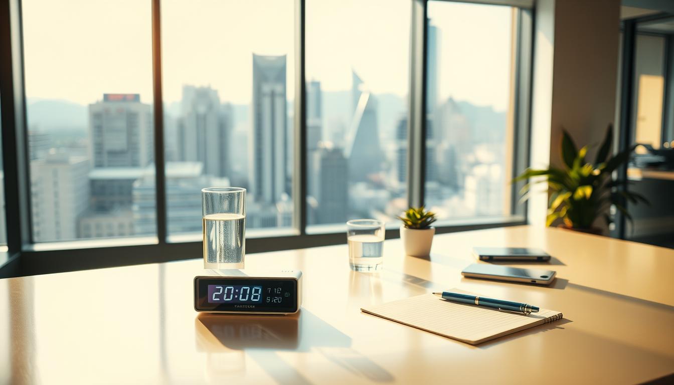 A brightly lit office space, with a sleek, modern desk at the center. On the desk, various productivity-boosting items are arranged in a visually appealing manner: a timer, a glass of water, a small potted plant, and a notepad with a pen. The lighting is warm and inviting, creating a sense of focus and efficiency. In the background, a large window overlooking a vibrant cityscape, adding a touch of energy and inspiration to the scene. The overall atmosphere is one of calm, yet productive, vibrancy.