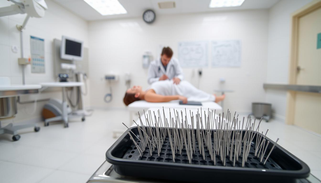 A brightly lit, sterile medical examination room with gleaming stainless steel and white tiles. In the foreground, a tray of acupuncture needles, meticulously arranged, exuding a sense of precision and care. The middle ground features a patient lying comfortably on a padded table, while a skilled acupuncturist, dressed in a crisp white coat, performs the treatment with steady, confident movements. The background showcases medical equipment and diagrams, conveying the scientific and professional nature of the practice. The overall atmosphere is one of vibrant, reassuring healthcare, prioritizing safety and patient well-being.