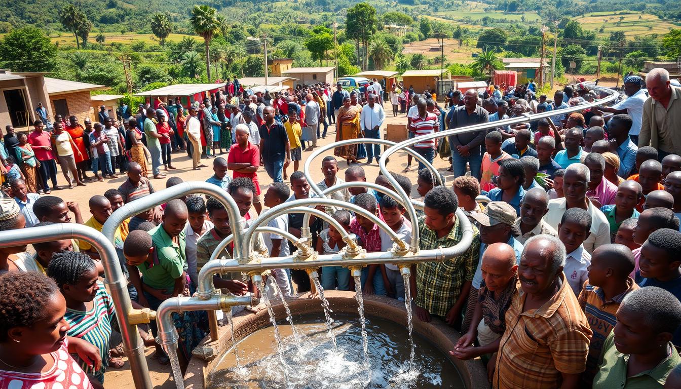 A bustling community square, bustling with activity as locals gather around a centralized water distribution hub. In the foreground, a diverse group of people collect water from a series of clean, stainless steel taps, their faces illuminated by the warm, vibrant sunlight. In the middle ground, a network of interconnected pipes and valves snake through the scene, delivering the precious resource to the community. In the background, a lush, verdant landscape frames the scene, suggesting the abundance of natural resources that feed this community water solution. The overall atmosphere is one of optimism, cooperation, and a shared sense of purpose in ensuring clean water access for all.