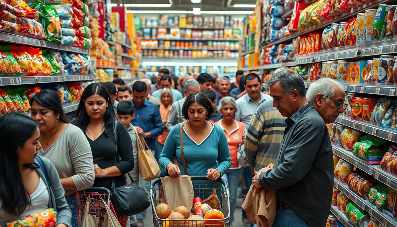 A bustling grocery store aisle, filled with colorful packages of processed foods. In the foreground, a diverse group of shoppers - young families, busy professionals, and elderly couples - all engaged in selecting their items. The middle ground showcases a vibrant array of snacks, frozen meals, and canned goods, lit by a warm, inviting glow. In the background, towering shelves create a sense of depth and scale, hinting at the vast selection available. The scene conveys a vibrant, yet subtly unsettling atmosphere, as the varied demographics grapple with the choices presented by the processed food landscape.