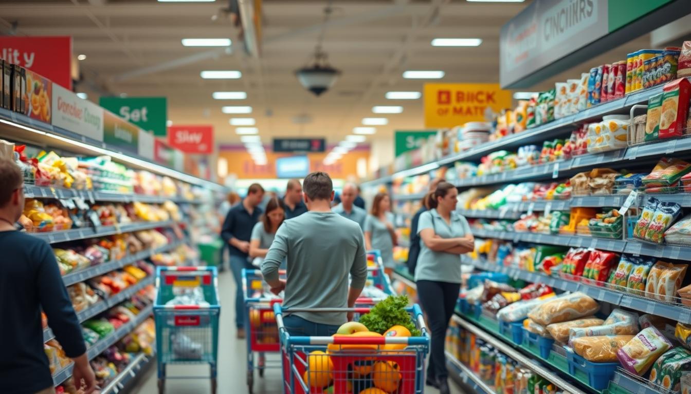 A bustling grocery store aisle, with shoppers pushing colorful carts and reaching for items on the shelves. In the foreground, a person intently selects fresh produce, their movements purposeful and efficient. The middle ground is filled with a variety of packaged goods, their vibrant labels catching the eye. In the background, a panoramic view of the store, with bright, even lighting casting a warm glow over the scene. The atmosphere conveys a sense of purposeful activity, as if the shopping routine itself is a form of physical exercise.