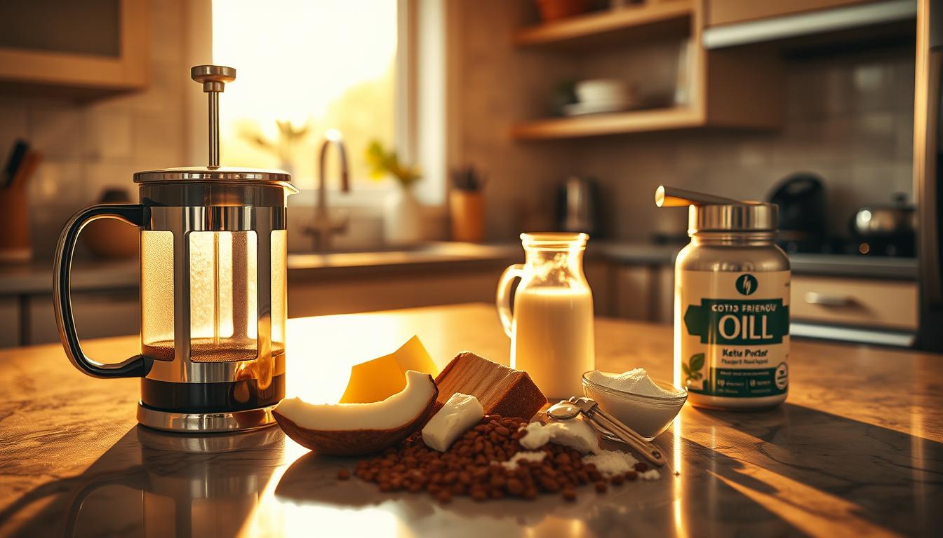 A bustling kitchen counter, bathed in warm, golden light from a large window. On the surface, a collection of coffee-related items - a sleek glass French press, a chrome milk frother, and a pile of keto-friendly ingredients like coconut oil, grass-fed butter, and a scoop of protein powder. The arrangement is artfully composed, with each element carefully placed to create a visually appealing scene. The overall mood is one of experimentation and discovery, as the viewer is invited to explore the potential pitfalls and optimal techniques for crafting the perfect keto-friendly coffee.