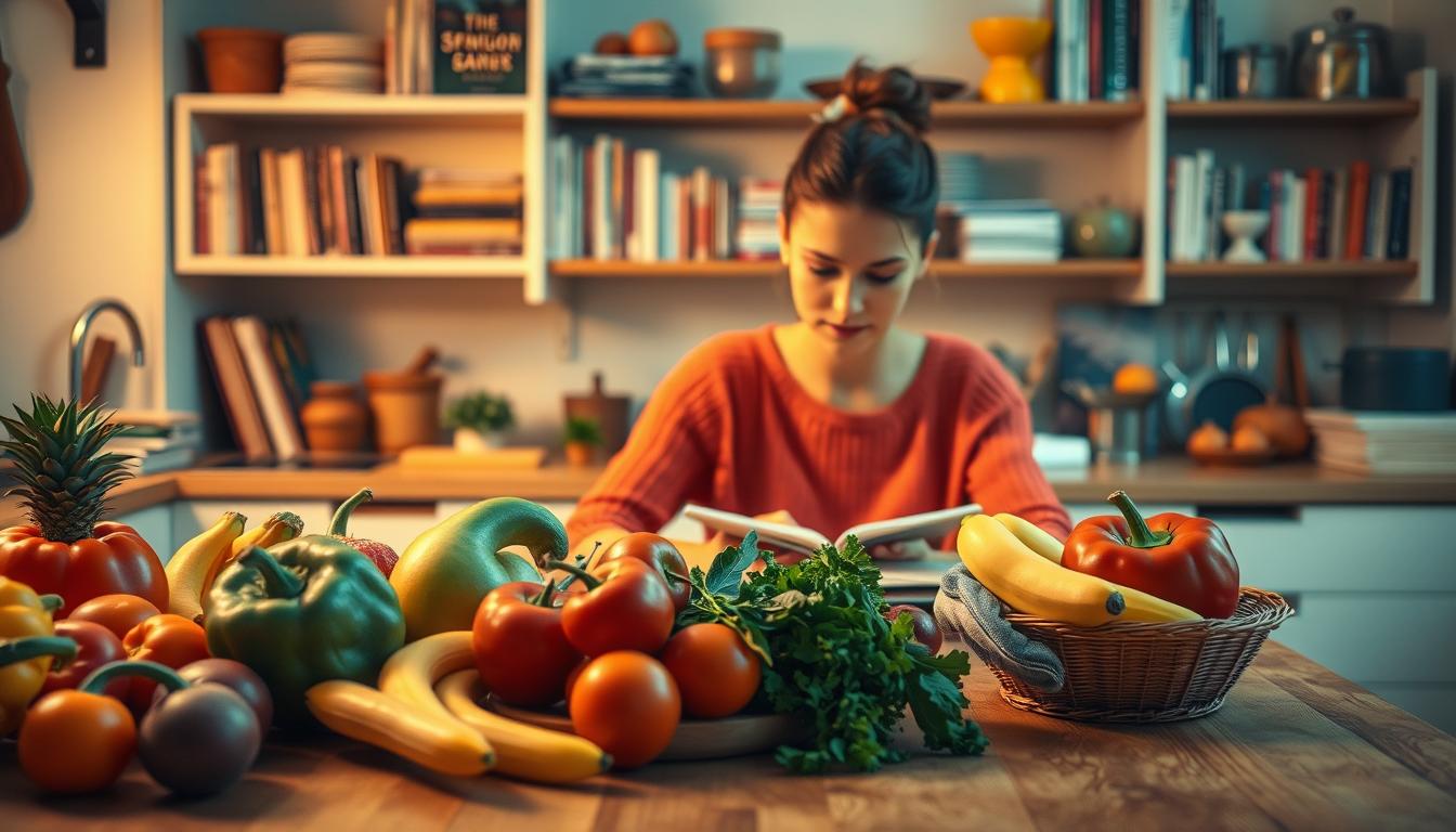 A bustling kitchen scene with a person engaged in cognitive behavioral strategies for healthier eating. In the foreground, an array of colorful fruits and vegetables are neatly arranged on a wooden table, symbolizing a balanced and nutritious diet. The person, illuminated by warm, vibrant lighting, is seated at the table, intently focused on a journal or book, presumably recording their thoughts and strategies for mindful eating. In the background, shelves stocked with cookbooks and kitchen utensils suggest an environment conducive to culinary exploration and experimentation. The atmosphere is one of calm, thoughtfulness, and a vibrant determination to cultivate a healthier relationship with food.