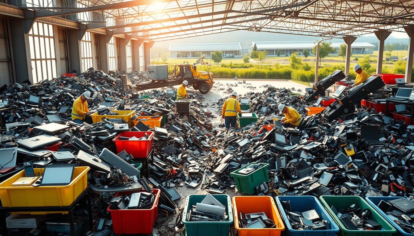 A bustling recycling center, teeming with piles of discarded electronics - old laptops, phones, and computer parts. Sunlight streams in through large windows, casting a warm, vibrant glow over the scene. Skilled workers in protective gear carefully dismantle the devices, separating components for proper recycling. The hum of machinery and the clink of metal fill the air, creating a symphony of sustainability. In the foreground, colorful bins and sorting stations organize the electronic waste, ready to be processed and repurposed. The background reveals a modern, eco-friendly facility, with solar panels and green landscaping, embodying the circular economy at work.