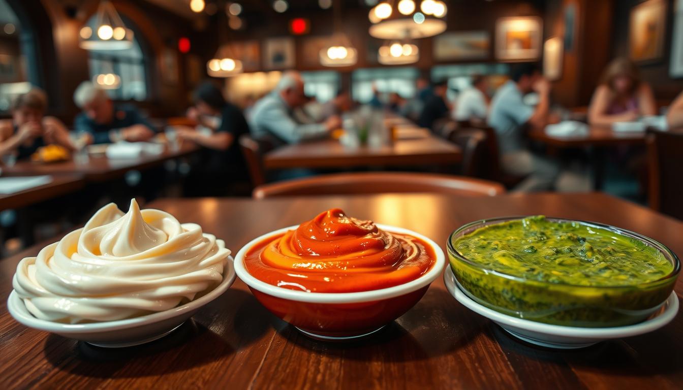 A bustling restaurant scene, low-carb sauce options elegantly displayed on a wooden table. Vibrant swirls of creamy white alfredo, tangy red marinara, and zesty green pesto sauces in small bowls, tempting the diner. Soft lighting casts a warm glow, highlighting the textures and colors. In the background, blurred diners enjoying their meals, creating an inviting atmosphere. The sauces are the focal point, showcasing the versatility of low-carb options for a satisfying dining experience.