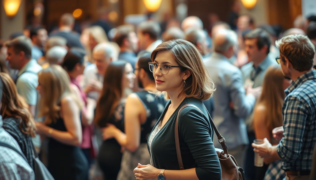 A bustling social gathering, with groups of people engaged in lively conversations. In the foreground, a woman navigates the scene, her body language poised and confident, her gaze attentive as she assesses the dynamics around her. The middle ground features a mix of individuals, some absorbed in their own discussions, others open and welcoming, creating a vibrant tapestry of social interaction. The background is softly blurred, suggesting the wider context of the event, with warm lighting and a sense of energy and vitality. The overall atmosphere is one of engaged, vibrant social navigation, where the subject's strategic awareness and social acuity are on display.