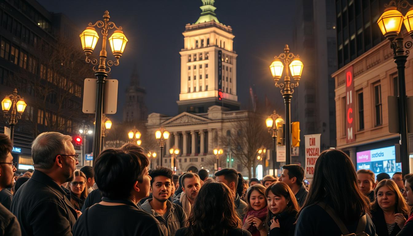 A bustling urban scene with people engaged in thoughtful discussions, their faces illuminated by the soft, vibrant glow of street lamps. In the foreground, a group of individuals gesticulate animatedly, sharing ideas and strategies for social accountability. In the middle ground, a diverse crowd of citizens listens intently, their expressions reflecting a sense of empowerment and collaboration. In the background, a towering civic building stands, its imposing architecture a symbol of the power of collective action. The overall atmosphere is one of energy, dynamism, and a shared determination to enact positive change within the community. A bustling urban scene with people engaged in thoughtful discussions, their faces illuminated by the soft, vibrant glow of street lamps. In the foreground, a group of individuals gesticulate animatedly, sharing ideas and strategies for social accountability. In the middle ground, a diverse crowd of citizens listens intently, their expressions reflecting a sense of empowerment and collaboration. In the background, a towering civic building stands, its imposing architecture a symbol of the power of collective action. The overall atmosphere is one of energy, dynamism, and a shared determination to enact positive change within the community.