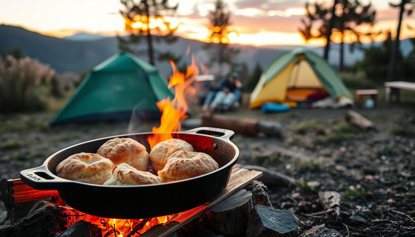 A campfire set against a picturesque outdoor landscape, with a cast-iron skillet filled with low-carb keto-friendly baked goods, such as almond flour biscuits, coconut flour muffins, and zucchini bread. The scene is bathed in warm, vibrant lighting, casting a cozy, inviting glow. In the background, a tent and sleeping bags suggest a peaceful, adventurous setting. The overall atmosphere evokes a sense of relaxation, health, and connection with nature.