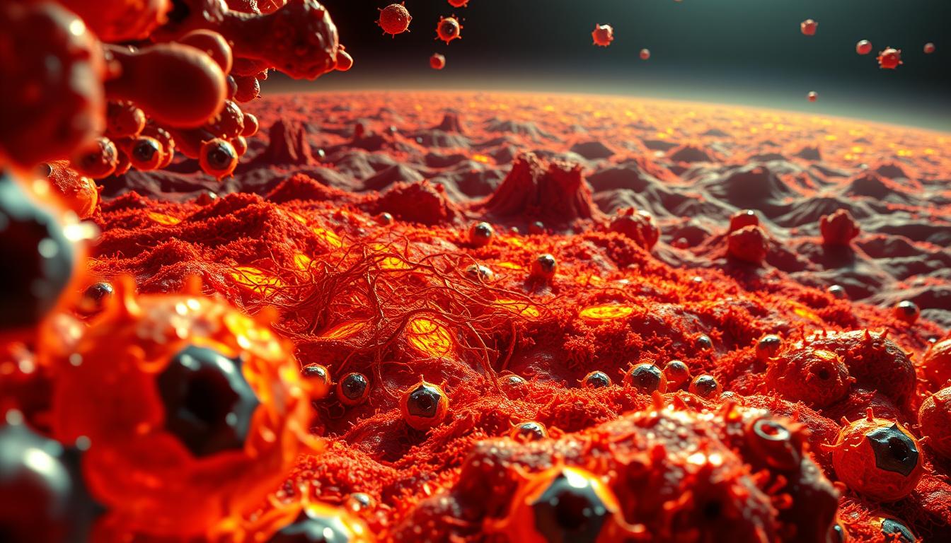 A captivating cross-section of the cellular aging process, rendered in vibrant detail. In the foreground, a magnified view of senescent cells, their nuclei distorted and organelles degraded. The middle ground depicts the progressive accumulation of cellular damage, manifested as tangled protein aggregates and dysfunctional mitochondria. In the background, a panoramic landscape of the aging microenvironment, marked by chronic inflammation and dysregulated signaling cascades. Dramatic lighting casts dramatic shadows, emphasizing the complexity and dynamism of this fundamental biological phenomenon. Captured through the lens of a high-resolution electron microscope, this image conveys the intricate mechanisms underlying the science of longevity. A captivating cross-section of the cellular aging process, rendered in vibrant detail. In the foreground, a magnified view of senescent cells, their nuclei distorted and organelles degraded. The middle ground depicts the progressive accumulation of cellular damage, manifested as tangled protein aggregates and dysfunctional mitochondria. In the background, a panoramic landscape of the aging microenvironment, marked by chronic inflammation and dysregulated signaling cascades. Dramatic lighting casts dramatic shadows, emphasizing the complexity and dynamism of this fundamental biological phenomenon. Captured through the lens of a high-resolution electron microscope, this image conveys the intricate mechanisms underlying the science of longevity.