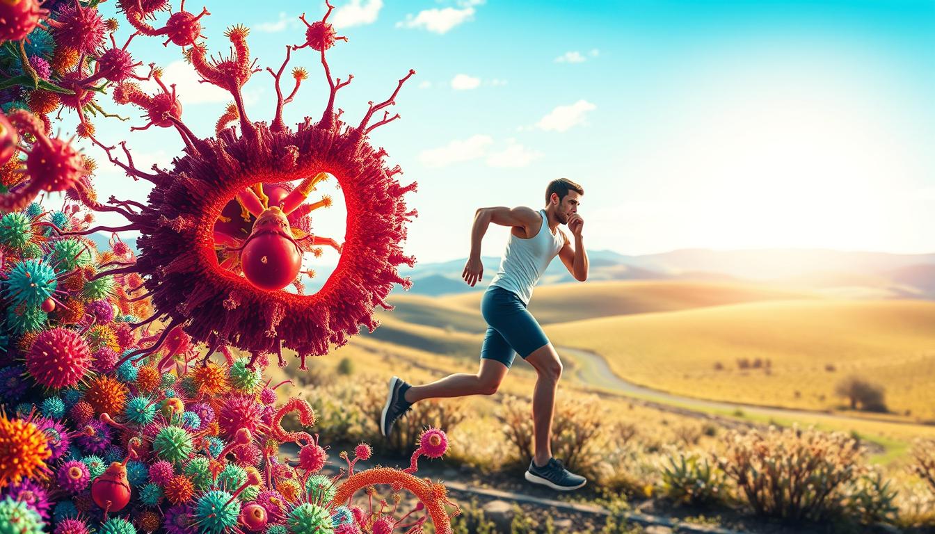 A captivating illustration of the gut microbiome's influence on athletic performance. In the vibrant foreground, a colorful array of gut microbes teeming with life, their intricate structures pulsing with energy. The middle ground showcases a muscular athlete in motion, their body fueled by the harmonious symphony of these microbial inhabitants. In the background, a crisp, well-lit landscape of rolling hills and a bright, sun-dappled sky, conveying a sense of balance and vitality. The overall composition emphasizes the deep, symbiotic relationship between the gut microbiome and peak physical abilities, captured with a cinematic, almost otherworldly quality.