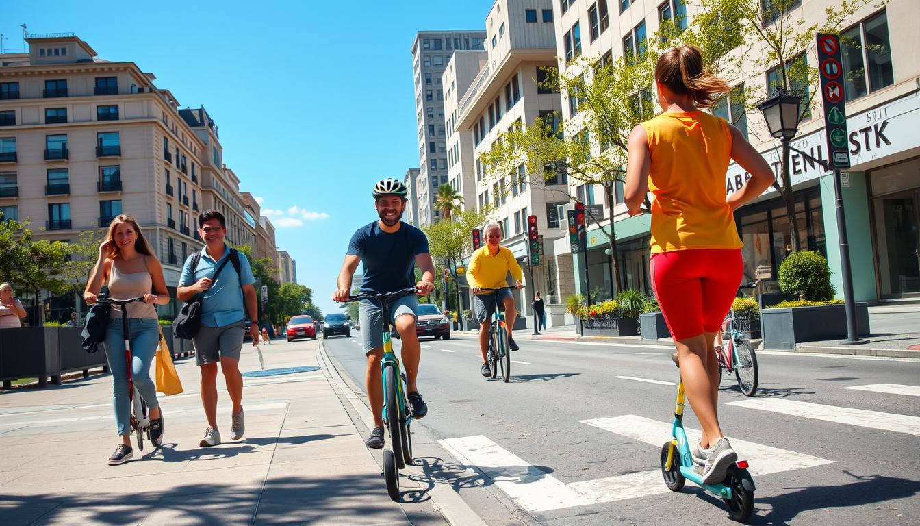 A city street on a sunny day, with people actively commuting by walking, cycling, and using scooters. In the foreground, a group of friends stroll down the sidewalk, their faces bright and energetic. In the middle ground, a cyclist in bright gear pedals swiftly past, weaving through light traffic. In the background, a jogger jogs briskly, their ponytail bouncing with each stride. The scene is vibrant, with a sense of movement and energy, capturing the joy and health benefits of active commuting.