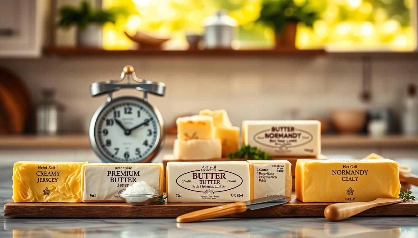 A clean, well-lit kitchen counter displaying an assortment of premium butter varieties. The foreground features a row of golden, artisanal butter blocks, each with a unique texture and hue - from creamy Jersey to rich, cultured Normandy. In the middle ground, a vintage weighing scale and a selection of accompanying ingredients like sea salt, fresh herbs, and a small wooden knife. The background is softly blurred, suggesting a serene, natural setting with warm, vibrant lighting illuminating the scene. The overall mood is one of culinary exploration and appreciation for the nuanced flavors and qualities of different butter types. A clean, well-lit kitchen counter displaying an assortment of premium butter varieties. The foreground features a row of golden, artisanal butter blocks, each with a unique texture and hue - from creamy Jersey to rich, cultured Normandy. In the middle ground, a vintage weighing scale and a selection of accompanying ingredients like sea salt, fresh herbs, and a small wooden knife. The background is softly blurred, suggesting a serene, natural setting with warm, vibrant lighting illuminating the scene. The overall mood is one of culinary exploration and appreciation for the nuanced flavors and qualities of different butter types.