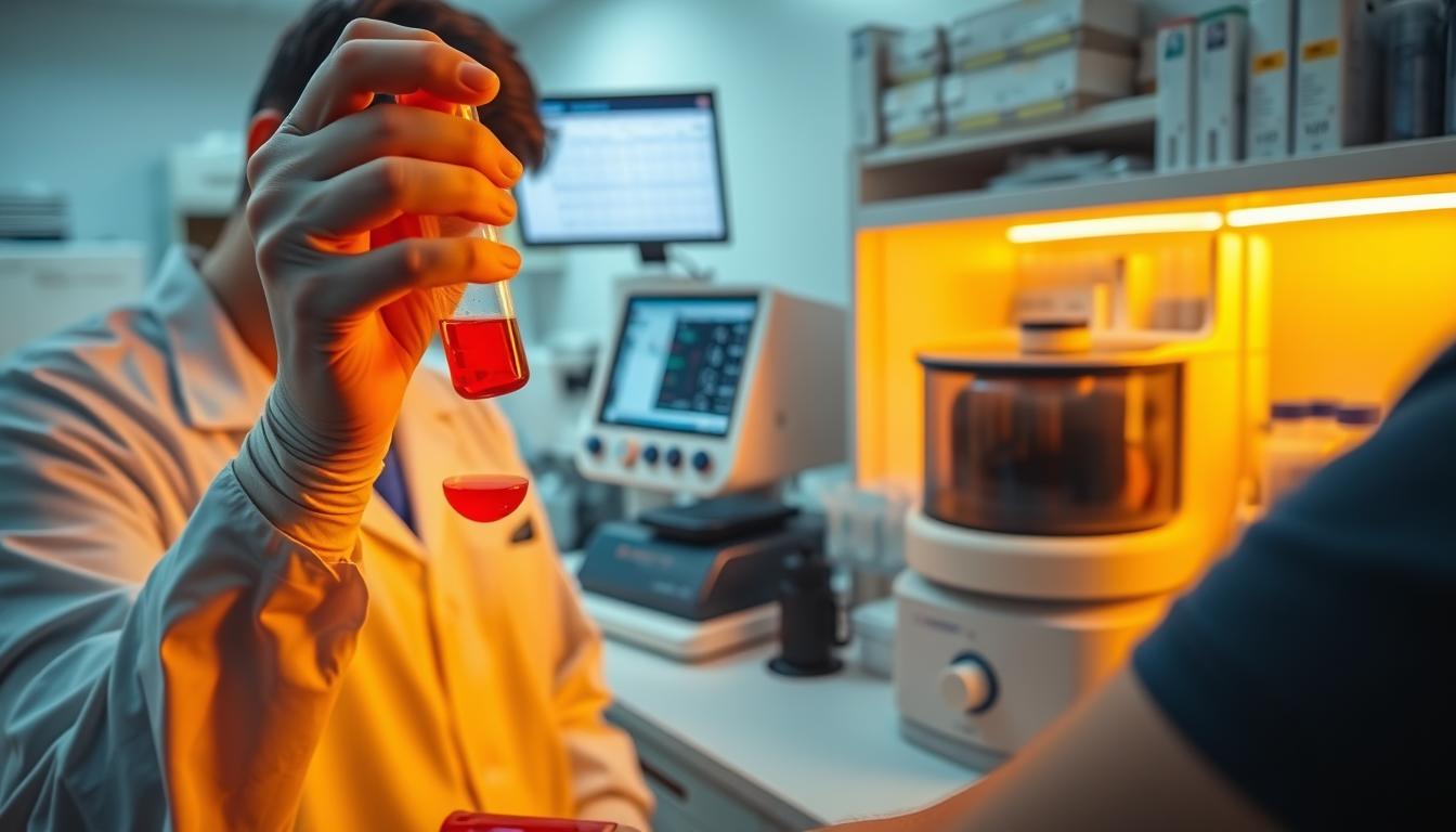 A clinical laboratory setting, illuminated by warm, vibrant lighting. In the foreground, a skilled technician carefully draws blood from a patient's arm, the vial filling with a crimson liquid. In the middle ground, an array of modern medical equipment, including a centrifuge and a computer monitor displaying test results. The background features shelves of neatly organized test tubes and diagnostic kits, conveying the professional, clinical atmosphere. The overall scene suggests the importance of comprehensive blood testing in accurately diagnosing and managing chronic inflammation, a crucial step towards understanding and addressing the underlying causes of disease.