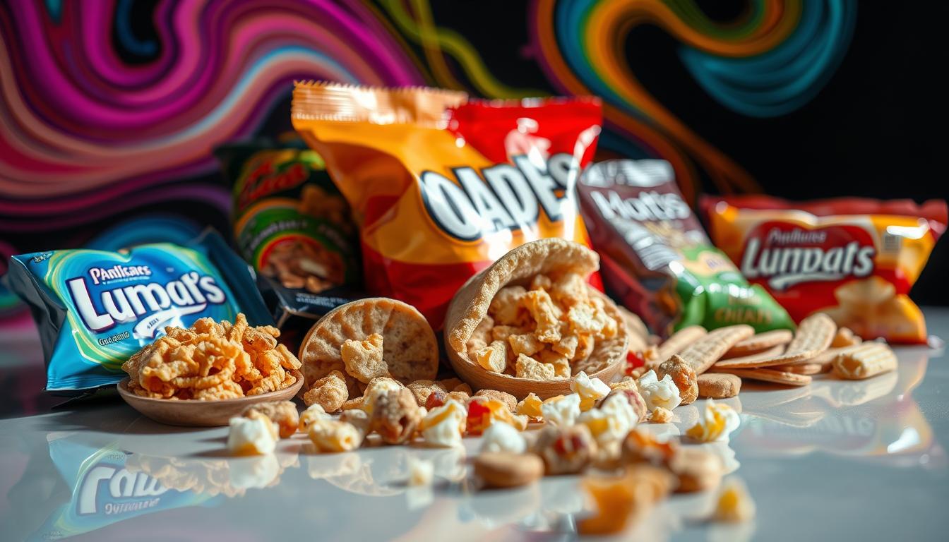 A close-up examination of various low-carb snacks and products, meticulously arranged on a sleek, reflective surface. Vibrant swirling colors dance across the frame, highlighting the intricate textures and packaging designs. Crisp lighting casts dramatic shadows, revealing the nuanced details of each item. The scene exudes an atmosphere of scientific inquiry, inviting the viewer to scrutinize the contents and uncover the hidden sugars lurking within these "low-carb" claims.