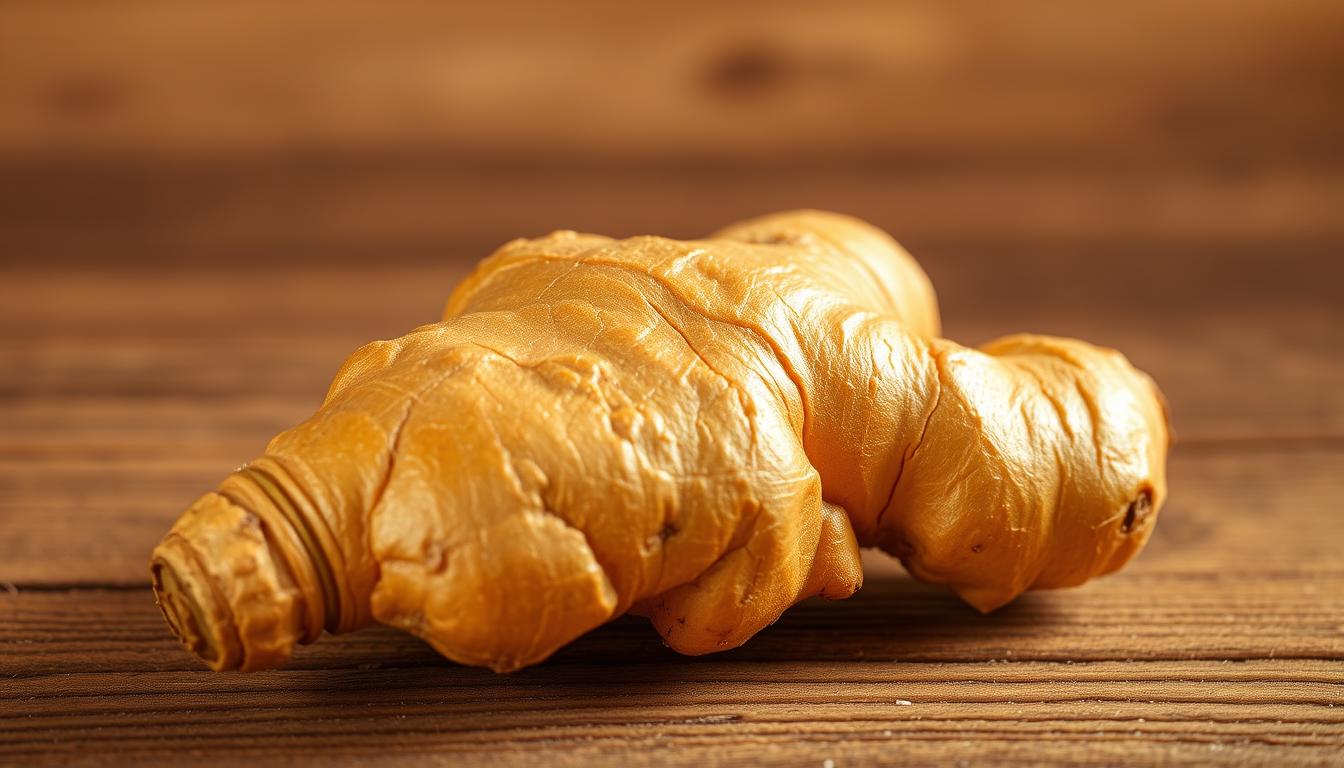 A close-up of a fresh ginger root resting on a wooden surface, its golden-brown skin glistening under warm, soft lighting. The ginger's knobby texture and vibrant hues stand out against the neutral background, creating a sense of natural, herbal remedies. The image conveys a sense of wellness, with the ginger positioned as a key ingredient for migraine relief, reflecting its role as a potent anti-nausea remedy. The lighting and composition evoke a soothing, calming atmosphere, inviting the viewer to consider the healing properties of this versatile botanical. A close-up of a fresh ginger root resting on a wooden surface, its golden-brown skin glistening under warm, soft lighting. The ginger's knobby texture and vibrant hues stand out against the neutral background, creating a sense of natural, herbal remedies. The image conveys a sense of wellness, with the ginger positioned as a key ingredient for migraine relief, reflecting its role as a potent anti-nausea remedy. The lighting and composition evoke a soothing, calming atmosphere, inviting the viewer to consider the healing properties of this versatile botanical.