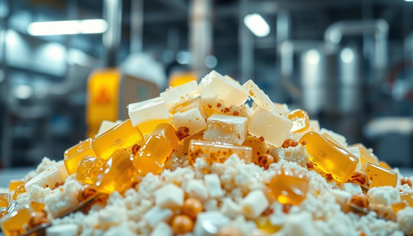 A close-up photograph of a pile of partially hydrogenated vegetable oil and other processed food ingredients, with a blurred background of a modern food processing plant. The lighting is warm and vibrant, creating a sense of visual interest and highlighting the textural details of the fats and additives. The composition emphasizes the complex and potentially concerning nature of industrial food processing, inviting the viewer to consider the hidden health implications of trans fats and over-processed foods.