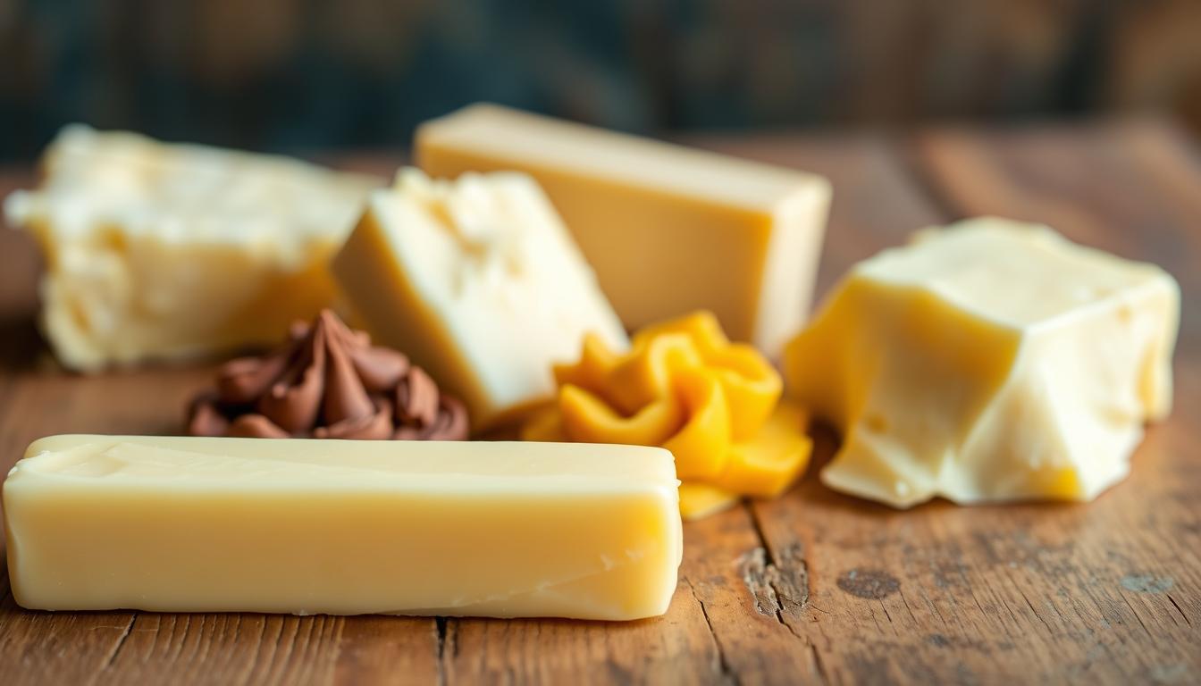 A close-up photograph of an assortment of different types of butter, arranged on a rustic wooden surface. The foreground features a softly-lit stick of creamy, golden-hued butter, with its smooth, glossy surface reflecting the natural light. In the middle ground, small dollops of shea, cocoa, and mango butters are displayed, each with their own distinct color and texture. The background is slightly blurred, creating a sense of depth and drawing the viewer's attention to the butters in the center. The overall scene has a warm, vibrant, and natural atmosphere, conveying the nourishing and skin-beneficial properties of these versatile ingredients.