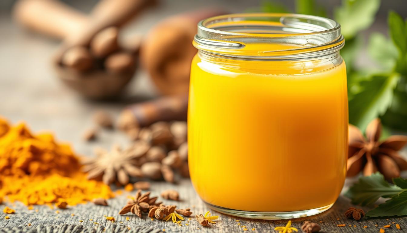 A close-up shot of a glass jar filled with luminous, vibrant golden ghee. The ghee glistens under soft, warm lighting, highlighting its rich, creamy texture. In the background, a blurred array of Ayurvedic herbs and spices, such as turmeric, cumin, and coriander, suggest the ancient wisdom and natural remedies of this traditional Indian superfood. The composition emphasizes the ghee's purity and therapeutic properties, conveying its potential to nourish and soothe the nervous system for holistic well-being.