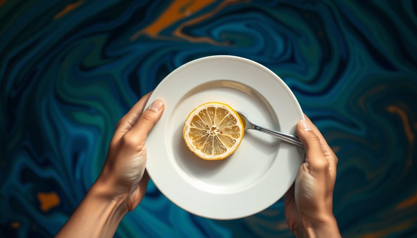 A close-up shot of a person's hands holding a plate with a slice of lemon and a fork, set against a vibrant backdrop of swirling blues, greens, and oranges, symbolizing the restorative power of intermittent fasting during the recovery process from a carb slip. The lighting is soft and diffused, creating a calming, introspective atmosphere. The composition draws the viewer's attention to the simplicity and intentionality of the act of fasting, hinting at the deeper benefits it can provide for the "Weekend Warrior" seeking to bounce back.